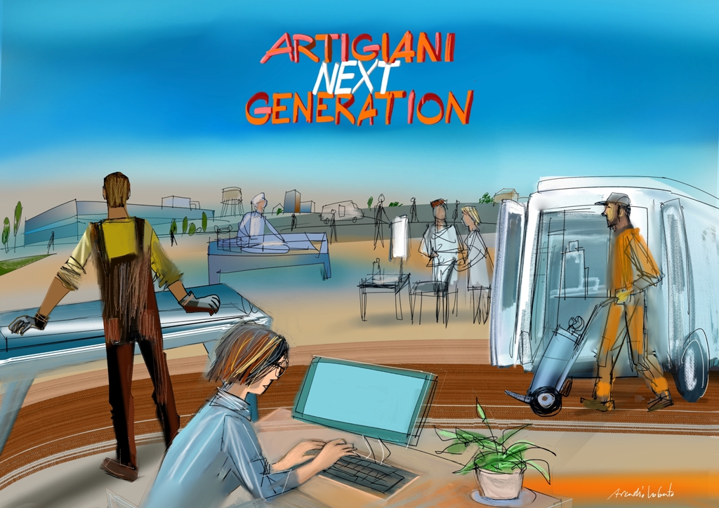 Illustrazione di Arcadio Lobato del progetto di CNA Treviso Artigiani Next Generation